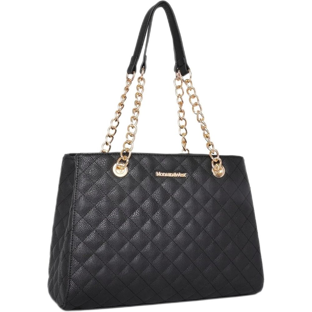 Montana West Women 040 Black Faux Leather Quilted Chain Shoulder Strap Purse